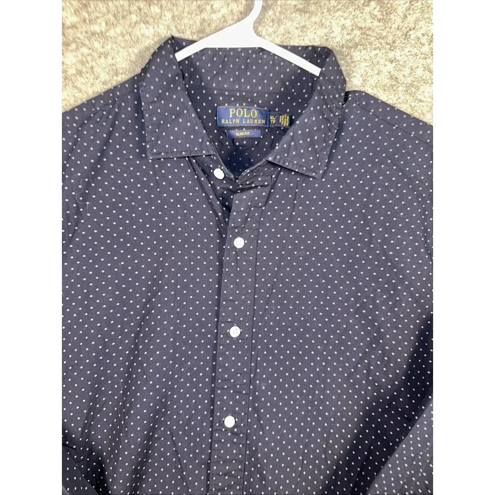 Ralph Lauren Polo Shirt Men XL Blue Button Down Polka Dots Preppy Woven Slim Fit
